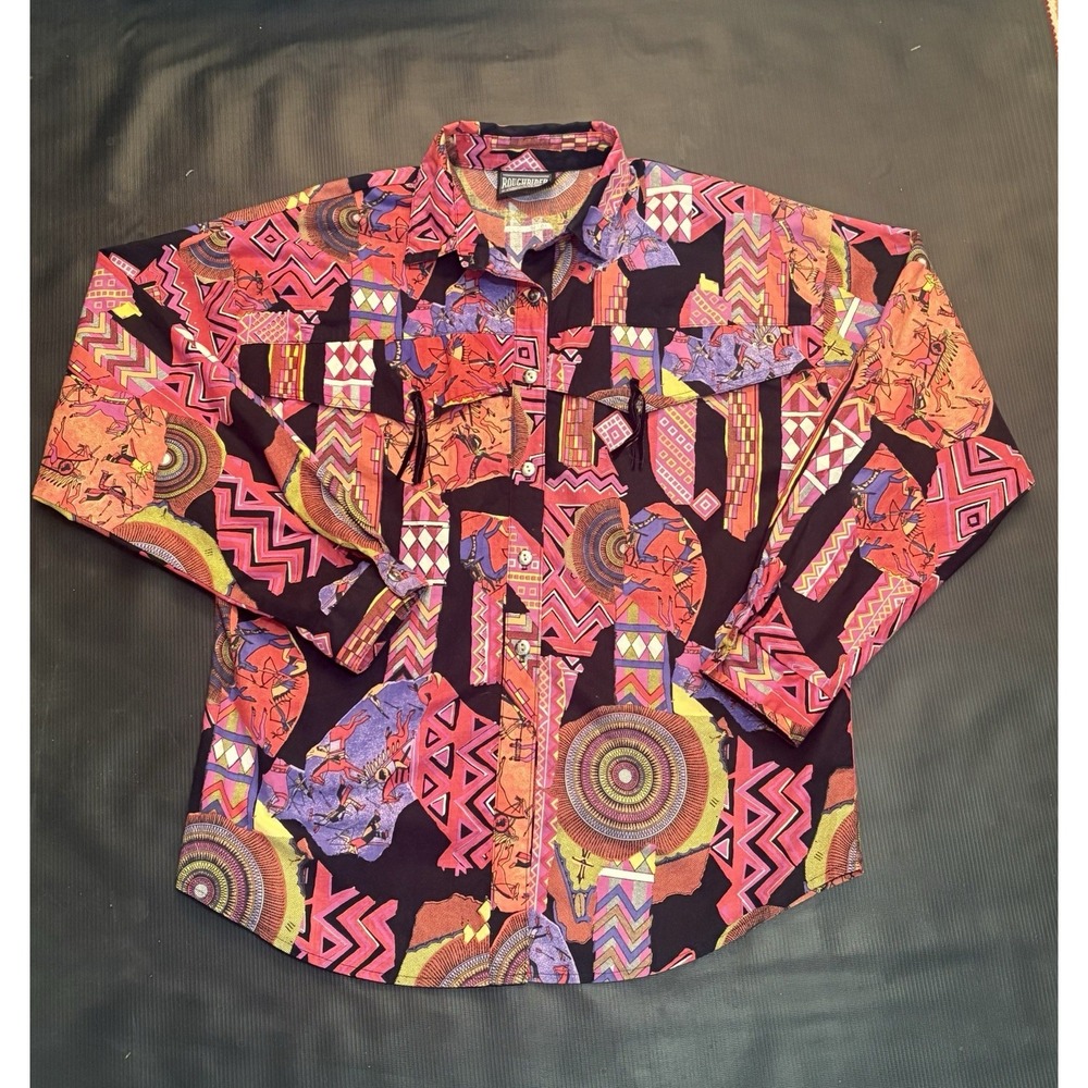 Vintage Rough Rider Womens XL Western Shirt Southwestern Aztec Native Concho Rad